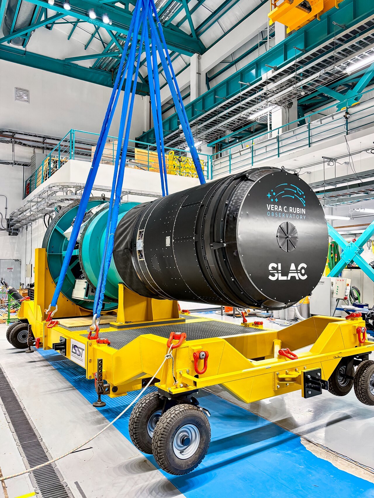 <p>The <a href="https://rubinobservatory.org/explore/how-rubin-works/technology/camera">LSST Camera</a> being loaded onto a transport cart before installation on the <a href="https://noirlab.edu/public/programs/vera-c-rubin-observatory/simonyi-survey-telescope/">Simonyi Survey Telescope</a> at <a href="https://rubinobservatory.org/">NSF–DOE Vera C. Rubin Observatory</a> in March 2025.</p>